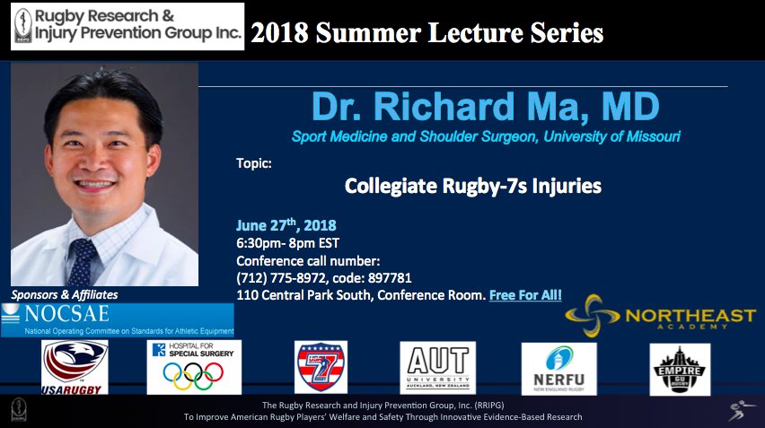 rripg's tweet photo. We are honored to have Dr. Richard Ma lecture on his athletic research on Wednesday evening #MD #summerlectureseries #rripg @NOCSAE @hspecialsurgery @RichardMaMD https://t.co/lizM0eg9MY