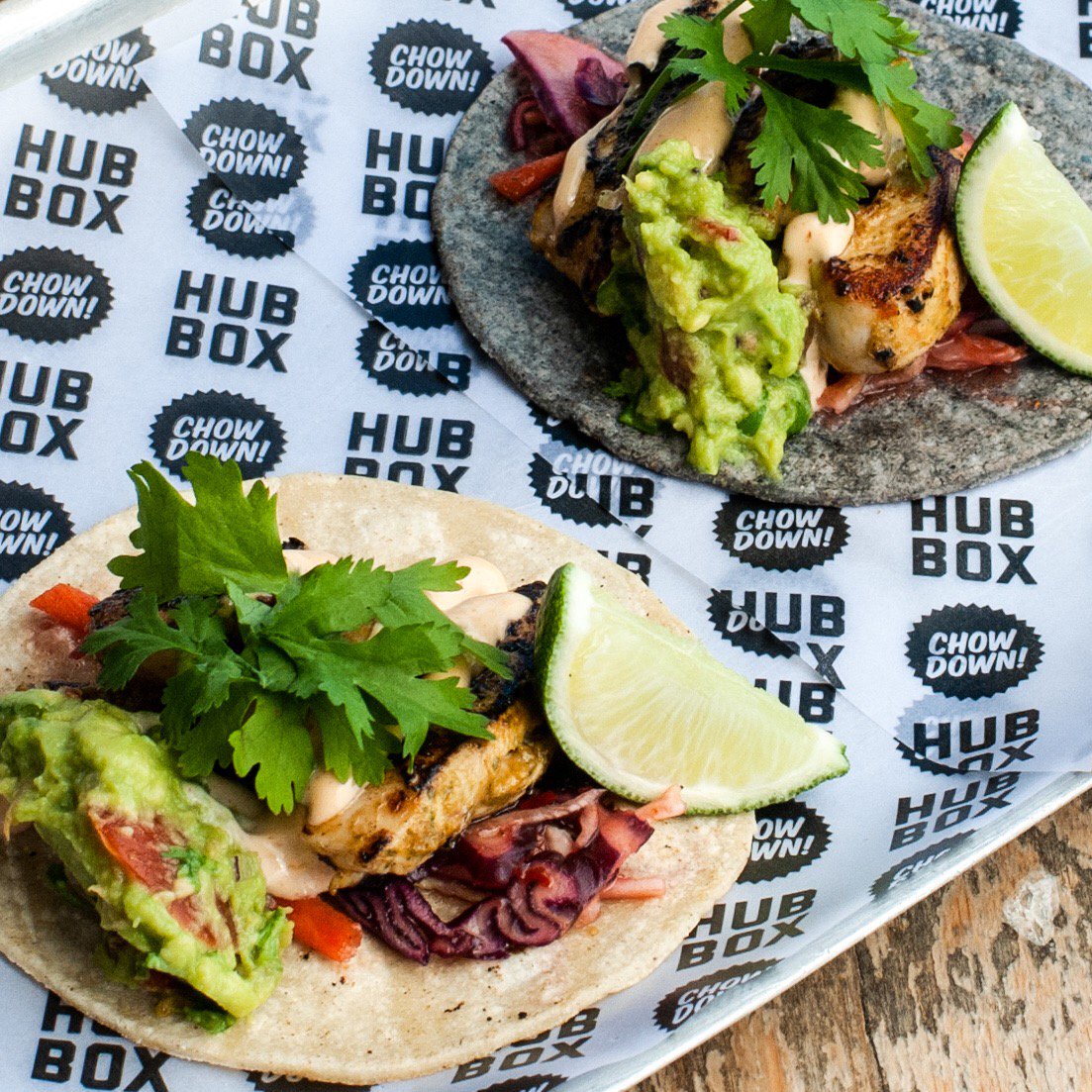Every day is #tacotuesday at Hubbox! We now do amazing soft shell tacos in yellow and blue corn tortillas. Take your pick from crab, beef, chicken or vegan refried beans.