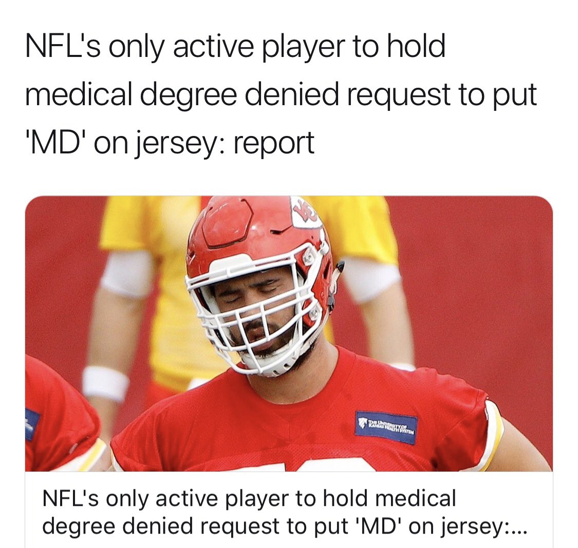 mariolopezviva's tweet photo. Dude completed med school while playing a top level professional sport. BALLER move! You’d think the @NFL would want to highlight a guy like this...
@OnWithMario
#Headlines #CmonNFL #MDTheJersey #DoctorOnTheField https://t.co/ow7hvgX9c7