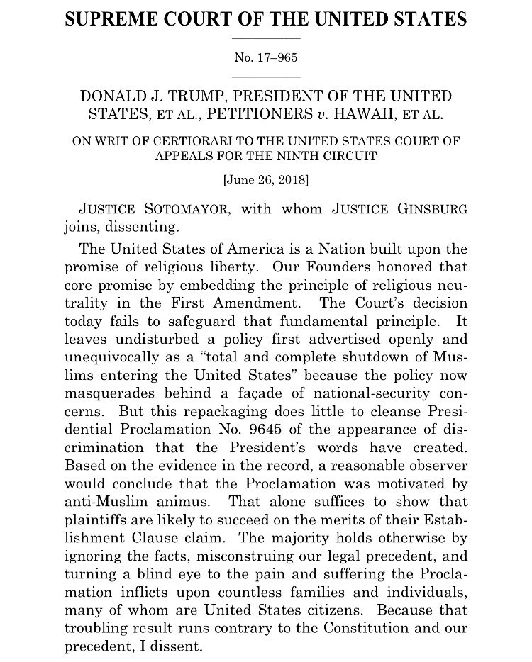 NotoriousRBG's tweet photo. Thank you Justice Sotomayor (joined by RBG) for giving voice to those of us appalled by where our country finds itself right now.  History will not look kindly upon this time, but it’s up to us to steer it in a new direction. #NoMuslimBanEver https://t.co/fCh8Mbys6K