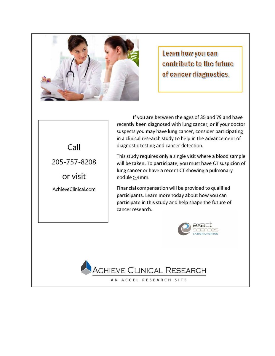 Achieveclinical's tweet photo. Learn how you can contribute to the future of cancer diagnostics. Have you recently been diagnosed with lung cancer or does your doctor suspect that you may have lung cancer? You may qualify for our clinical study. Call 205-757-8208 of visit us online https://t.co/rSrbPxfmNT https://t.co/sJS0o41Tef
