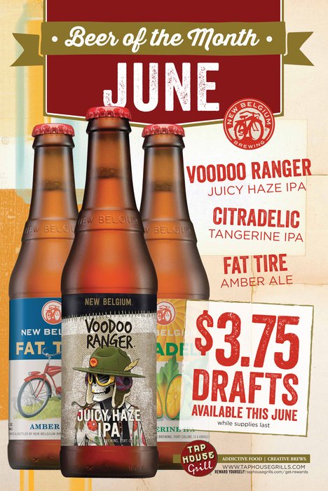 TapHouseTweets's tweet photo. JUNE beer of the month: 

 Voodoo Ranger- Juicy Haze IPA 
Citradelic- Tangerine IPA 
 Fat Tire- Amber Ale 

 Drafts only $3.75! 

*While Supplies Last* https://t.co/wZQPmQrc5X