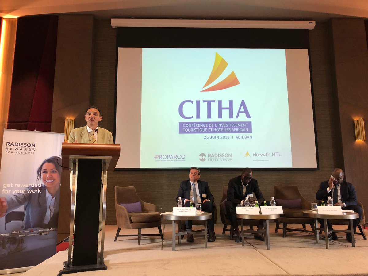Stéphane Durand modère le panel sur l’aménagement touristique #CITHA2018 avec Olivier Baric ⁦<a href="/egis/">Egis</a>⁩ , la Sapco et le MinTour de Côté d’Ivoire ⁦<a href="/HorwathHTLcorp/">Horwath HTL</a>⁩ ⁦@HorwathHTL_Fr⁩  ⁦<a href="/Proparco/">Proparco</a>⁩ ⁦@RadissonGroup⁩