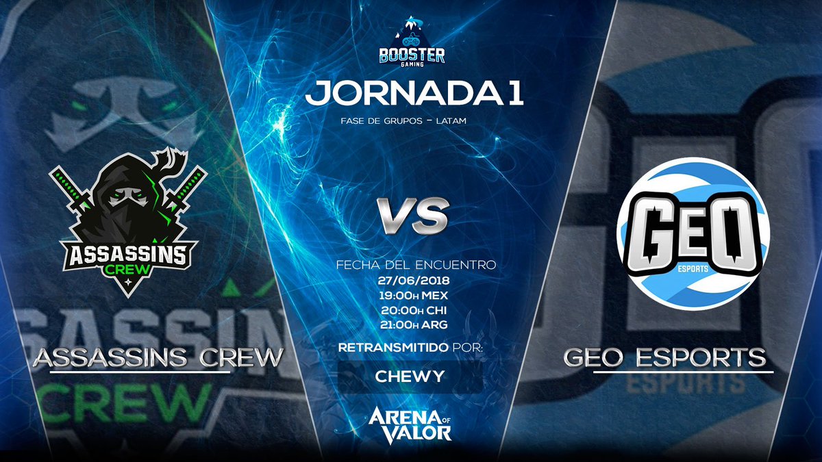 Partido estelar de la primera jornada de la <a href="/BoosterGamingES/">Booster Gaming</a>! @Assassins_AOV vs <a href="/GeOeSports/">GeO Esports</a>! Esto se va a descontrolaaaaaar! Los espero mañana 21:00arg/20:00chl/19:00mex!
Casteado rikolino por su servidor! Canal: youtube.com/channel/UC1T4q…
#aov #ArenaofValor
