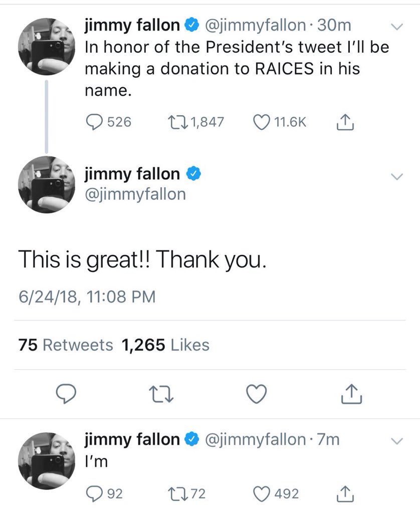 Trump4Kentucky's tweet photo. @jimmyfallon only donated to make himself look good. A deleted tweet proves this. Be a man Jimmy. https://t.co/nFJQW7a4Ha