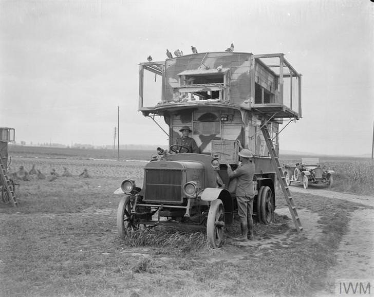 A London double-decker bus repurposed to act as a loft for carrier-pigeons: © IWM (Q 8999)