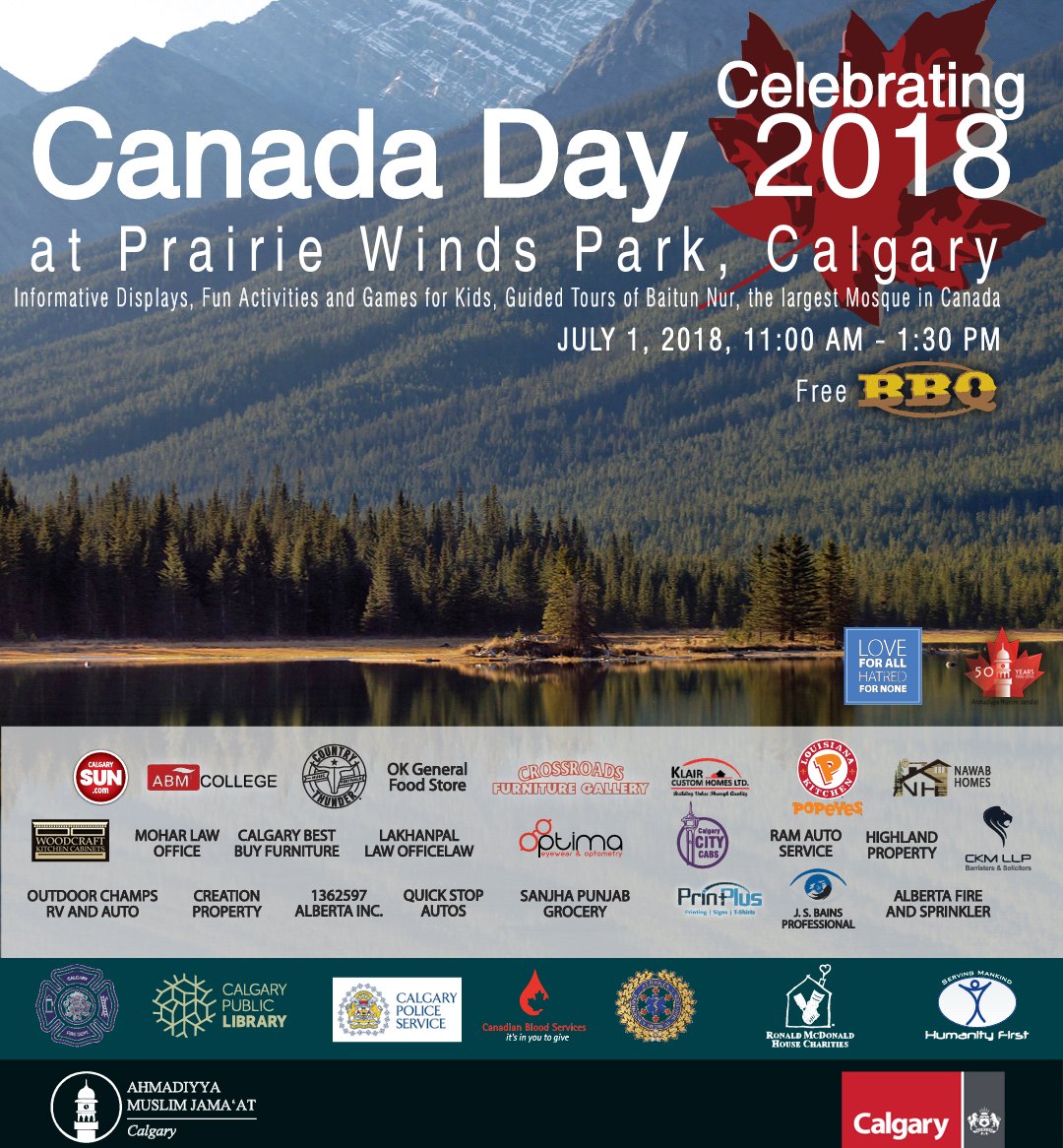 IslamCalgary's tweet photo. This #CanadaDay celebrate the best place on earth we call home, hosted by #Ahmadiyya #Muslim Jamā’at, 11:00 AM - 1:30 PM at Prairie Winds Park,
Show your national pride by joining Flag Hoisting &amp; children’s performance of National Anthem followed by #FreeBBQ &amp; family activities. https://t.co/65nFAUiA6X