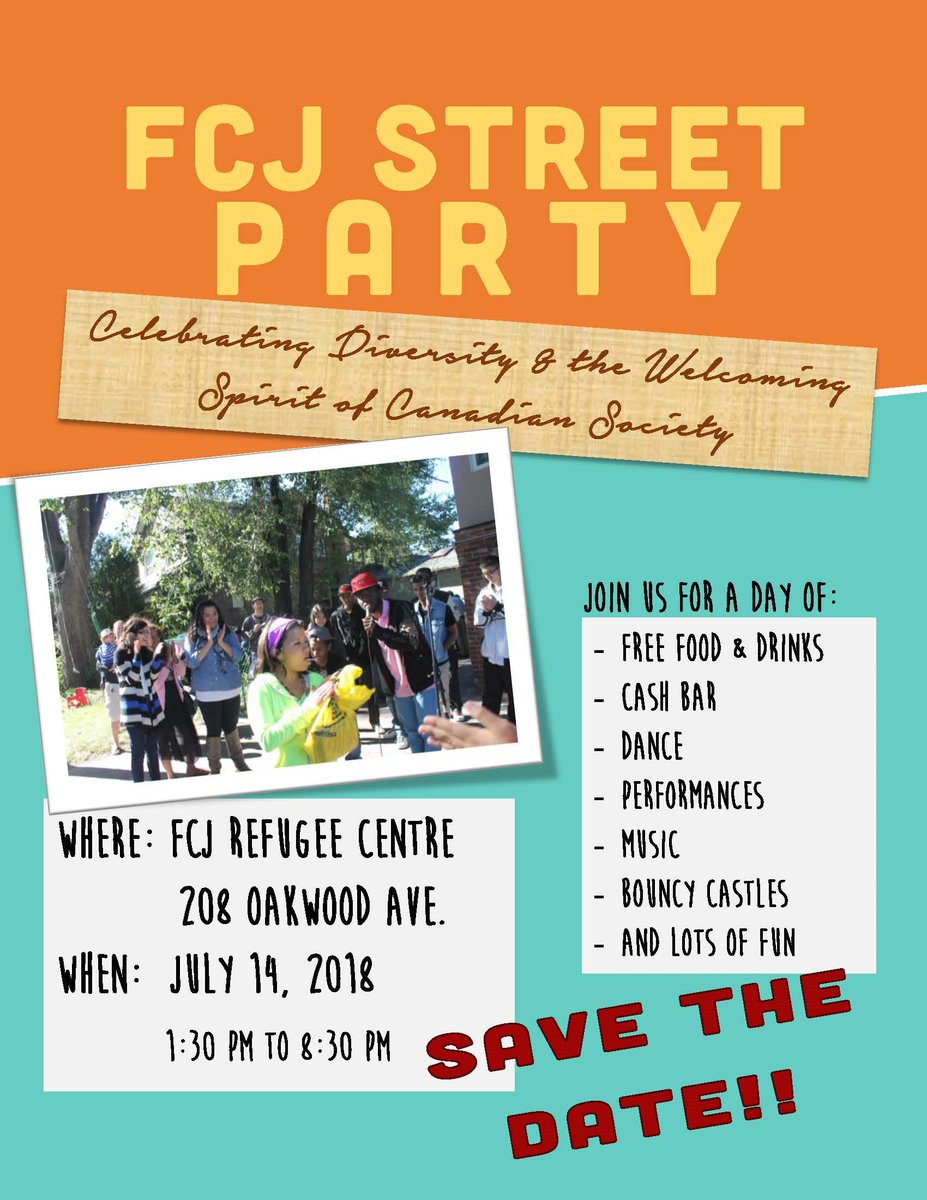 RefugeeCentre's tweet photo. Let's celebrate diversity and the welcoming spirit of Canadian society.Join us, have fun, build community with us this Saturday July 14 from 1:30 to 8:30 pm at FCJ Refugee Centre. @METRACorg @abrigocentre @FCJYouthNetwork @YouthToronto @torontosouthlip https://t.co/s95jRKEmH2