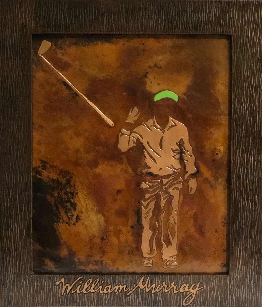 WMurrayGolf's tweet photo. A parting gift from our weekend w/@PhatScooter—this incredible handmade piece from @PremierCopper. Absolutely stunning detail when seen with the naked eye. Can’t even imagine the man-hours that went into this. Super-grateful! Thanks boys! #WilliamMurray #ZFG #BillMurray #WMGStyle https://t.co/yNHrkqpAjD