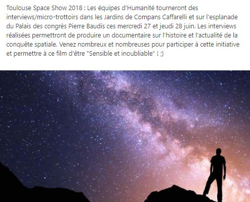 AgenceHumanite's tweet photo. Rendez-vous à Compans Caffarelli demain et jeudi pour participer à notre documentaire sur l'histoire et l'actualité du spatial ! 
#tss #toulousespaceshow #space #NewSpace #communication #sensibilisation #world #stars #sky https://t.co/F2zPBaYYat