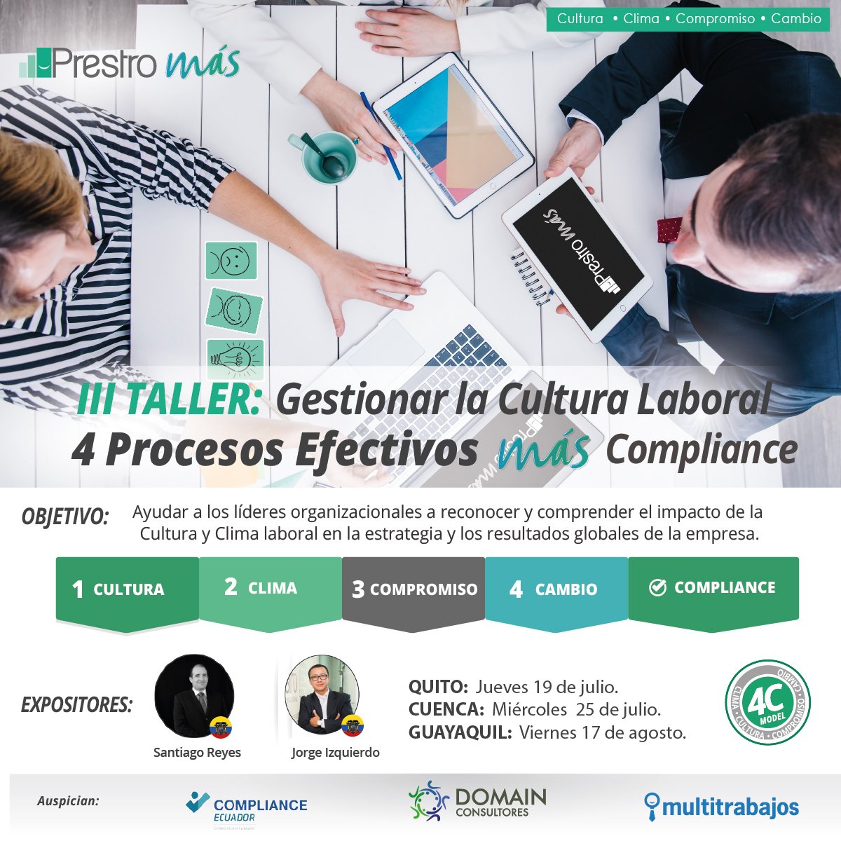 Prestro_ec's tweet photo. No te pierdas la oportunidad de participar en nuestro III Taller de Cultura Laboral + Compliance, donde aprenderás a gestionar estratégicamente  indicadores de Cultura, Clima, Compromiso y Cambio. Más info: https://t.co/N36a6Czpmg 
02 600 0243 • 098524 7350 info@prestro.com https://t.co/JotvVuD5vG