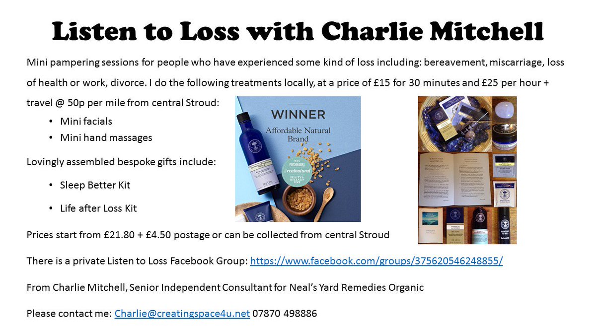 ListenToLoss's tweet photo. Mini-facials and hand massages for people around #Stroud who have experienced loss of some kind: bereavement, divorce, redundancy etc...  

Get in touch for details https://t.co/1c8PhlgpB4