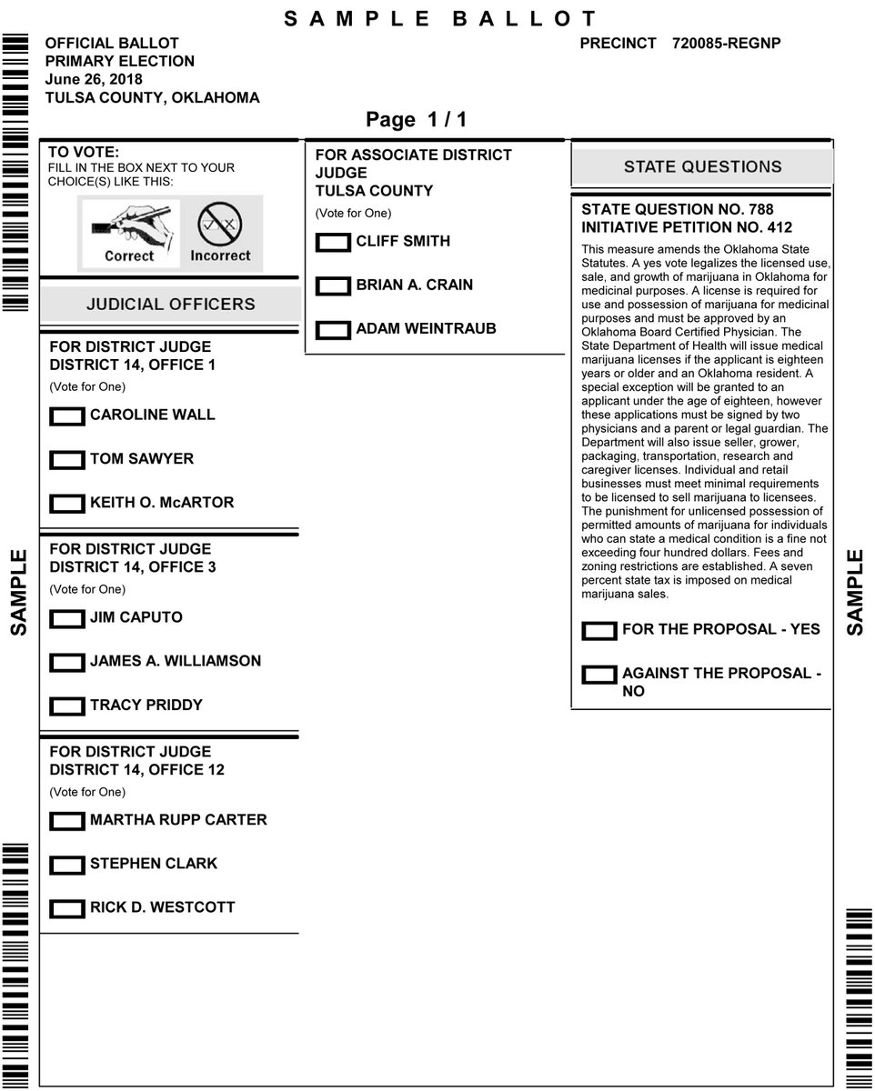 tulsaworld's tweet photo. For those voting in #okelections today: You should be handed 2 ballots by your precinct worker. One is partisan (races for governor, legislators, etc.), and the other includes State Question 788 and any nonpartisan races (e.g. judges). Note: Precinct volunteers are not perfect. https://t.co/JXQG7frXJr