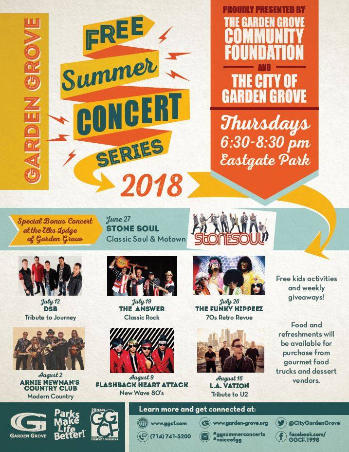 Are you ready to kick-off the first free summer concert series tomorrow at the #GG Elks Lodge #1952?!

Join us tomorrow night, June 27, 6:30 p.m., as STONE SOUL performs classic soul and motown hits, at 11551 Trask Avenue.
#GG1956 #GGSummerConcerts #GGCF