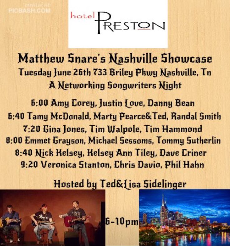 MichaelSessoms's tweet photo. I’ll be playing at The Pink Slip in Hotel Preston, tonight. #shortnotice #nashville #songwriters https://t.co/qxbZ10QgHg