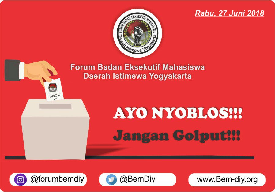 BemDiy's tweet photo. Pilih dengan bijak, cerdas, dengan hati nurani... Masa depan Daerah tergantung dari pilihan Anda.
@KPU_ID
@kpudiy @bawaslu_RI #PilkadaDamai #Pilkada2018 #PilkadaSerentak2018 #pilkada #tolakgolpout #bemdiy #BemDiy #forumbemdiy #fbd #27Juni2018 https://t.co/PJqbmx3nPY