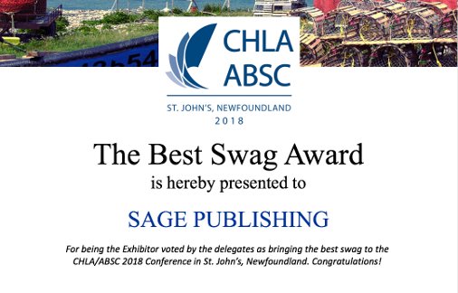 chlaabsc18's tweet photo. And the winner of the #chlaabsc18 Best Swag Award is… @SAGElibrarynews   Sage Publishing has graciously agreed to donate the monetary prize associated with this award back to @chlaabsc. Thank you Sage! https://t.co/IpYXdKOfHw