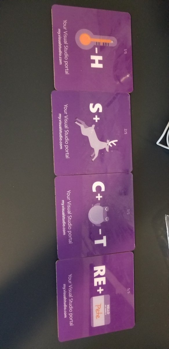 isaacrlevin's tweet photo. Long shot here, but does anyone know where I can complete this set from #build2017 haha!!! Never found the 4th one. @bradygaster @BethMassi @VisualStudio https://t.co/kHeH022kLV