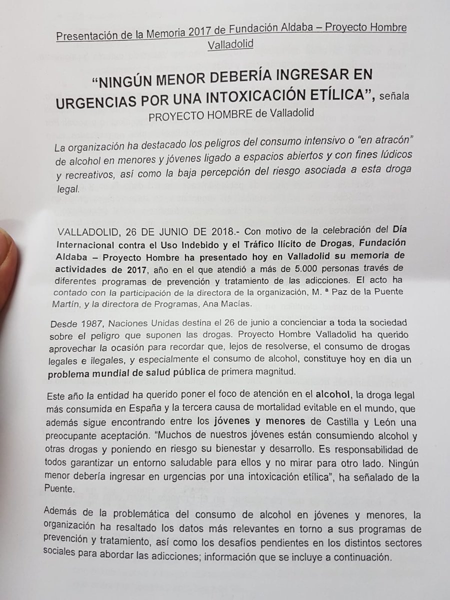 archiValladolid's tweet photo. En el Día contra el Uso Indebido y el Tráfico de Drogas, #FundacionAldaba-#ProyectoHombre ha presentado su memoria 2017, cuando atendió a más de 5000 personas con sus programas de prevención y tratamiento de las adicciones. @ProyectoHombreV @FundacionAldaba Infórmate 👇👇 https://t.co/Pj754bVyKX