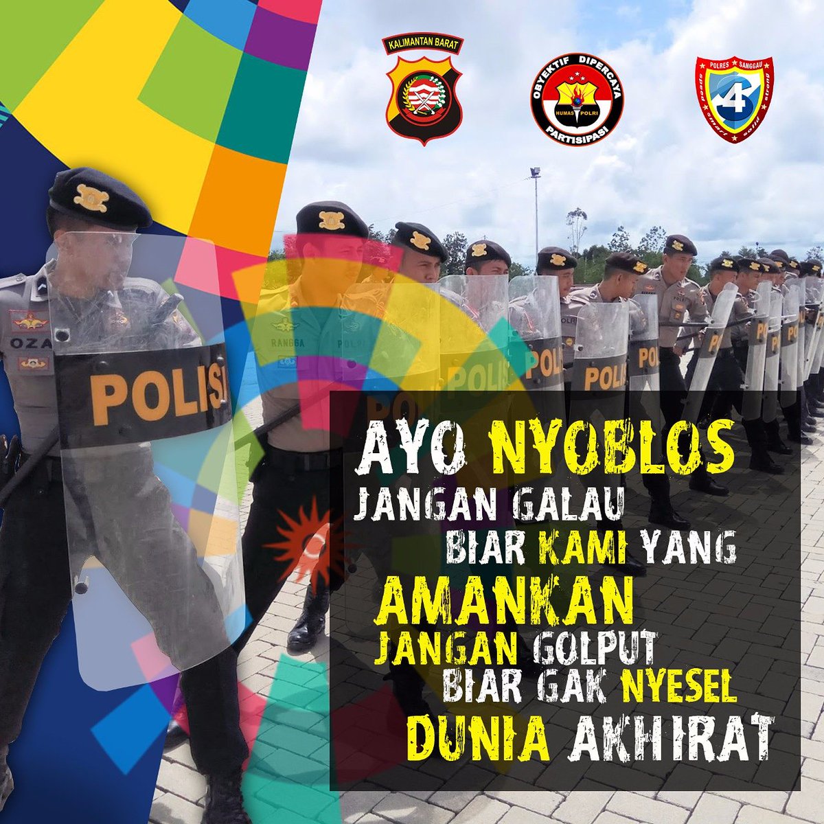 ReskrimMelawi's tweet photo. Ayo nyoblos jgn Galau biar kami yg amankan
Jgn Golput biar g nyesal dunia akhirat
@PNC_PoldaKalbar
@HumasResMlw
@ReskrimMelawi
@lantasmelawi
@BinmasMlw
#poldakalbarberkibar
#zerotolerance
#zeroillegal
#viral
#pilkadakalbar
#pilkadaaman
#haribhayangkarake72
#pialadunia2018 https://t.co/RWKyOR3n3V