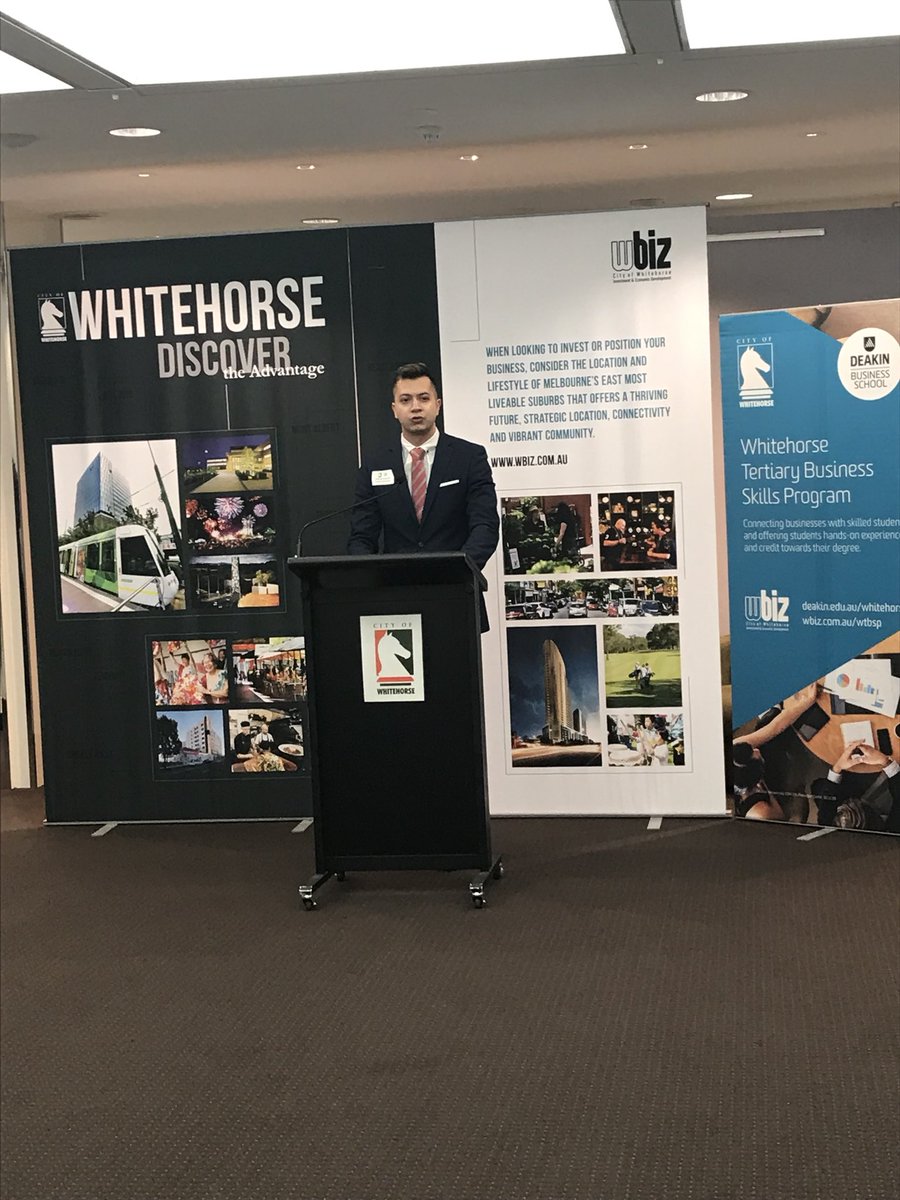 Kim_Watty's tweet photo. Rishabh Bhasker recent @Deakin MBA graduate presenting in style as we celebrate a 10 year partnership between @DBS and Whitehorse Council #graduateskillls https://t.co/qL1W6Mh2V8