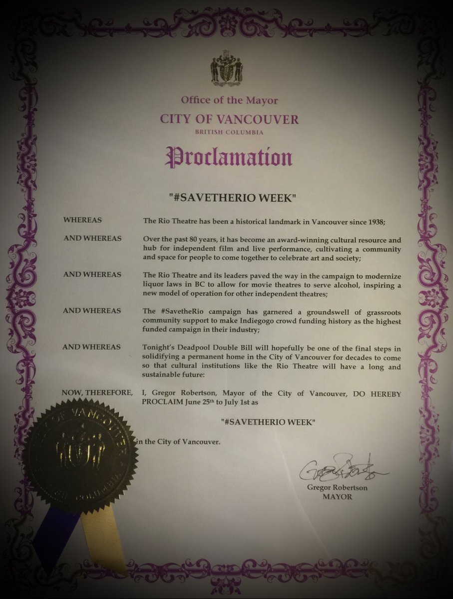 RioTheatre's tweet photo. And in case you missed @CityofVancouver @MayorGregor @VanMayorsOffice Official #SavetheRio Week proclamation, it looks a lil' something like this.... #WOW @VancityReynolds #YVRPoli #BCPoli #YVRArts #YVRFilm #SaveBCFilm https://t.co/BPEuYMEo74