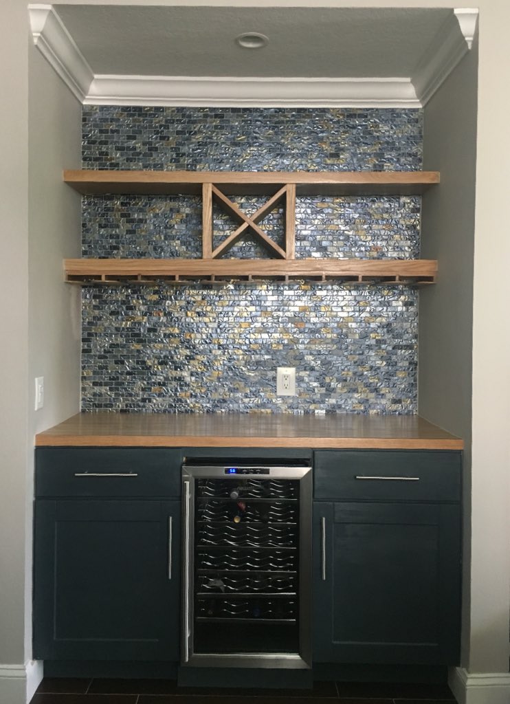 Simplifyimprove's tweet image. Our Latest Creation! Custom Built &amp;amp; Designed Wine Bar! Electric rewired to add a recessed light &amp;amp; lights under the shelves. #Wine #WineBar #CustomBuilt #Wood #Oak #HomeDecor #HomeImprovements #Design #Bar #CustomWoodWork #HaveADrink #HappyHour #WineAndDine #SouthFlorida #Handyman