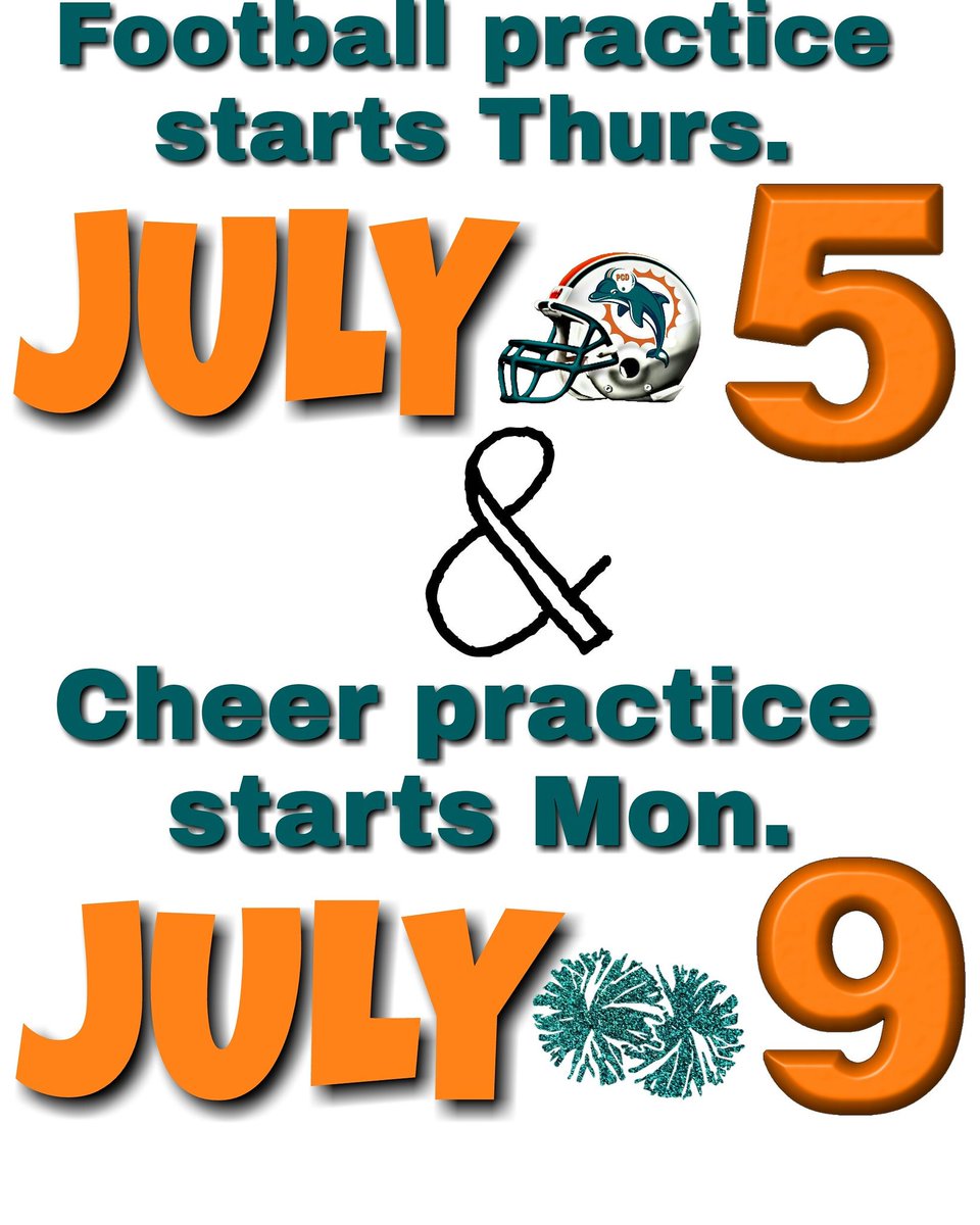 DolphinsPCD's tweet photo. FOOTBALL PRACTICE STARTS NEXT WEEK Thurs. 7/5 &amp; CHEER PRACTICE STARTS Mon. 7/9. We all know it's SUPER HOT outside so please remember to drink PLENTY if H2O and STAY HYDRATED!! Can't wait to see everyone...it's going to be an AWESOME season!! Let's GO DOLPHINS!! https://t.co/WAd1Kd5d3n