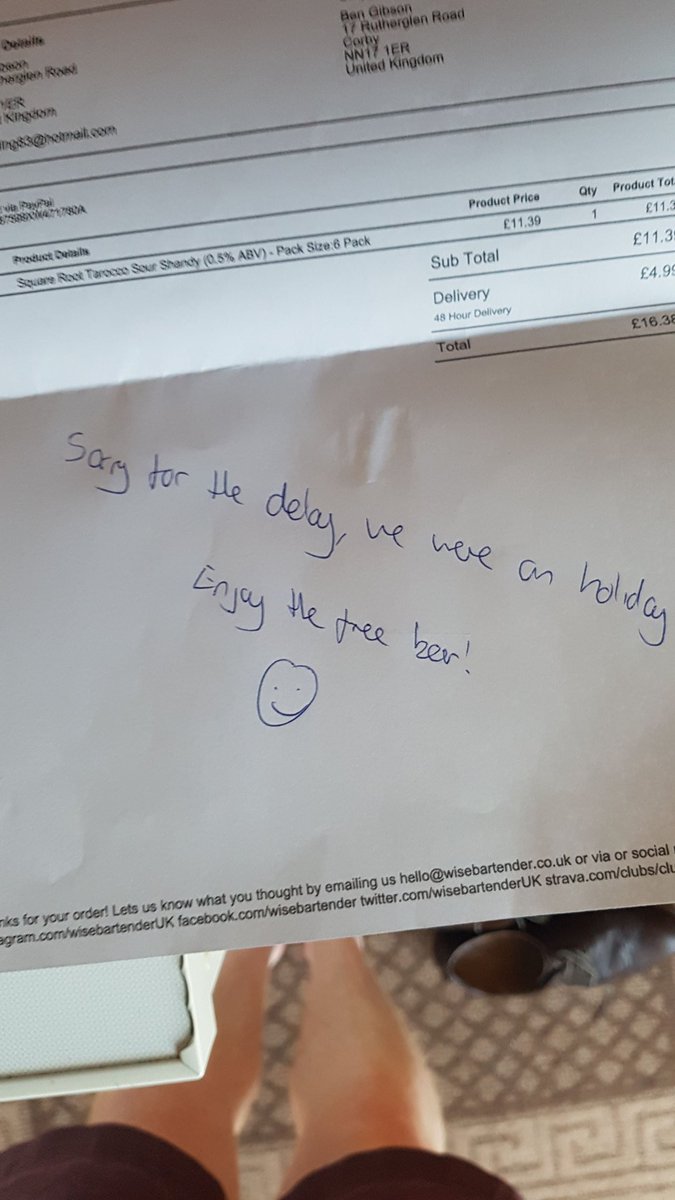 BenPGibson83's tweet photo. Just wanted to thank @WiseBartenderUK for the lovely note, and free beer. If that isn't excellent customer service, I don't know what is!!!!!!! #wisebartender https://t.co/OoYsMozrDl