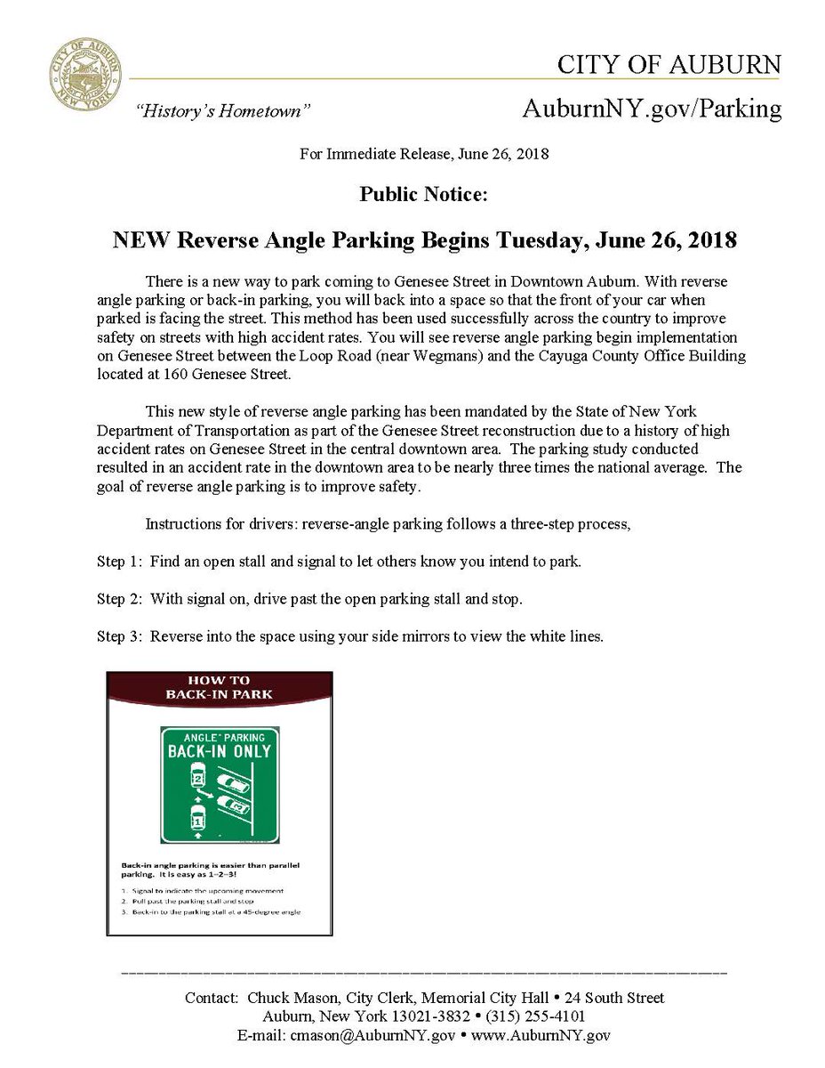 AuburnPolice's tweet photo. Reverse Angle Parking begins today, June 26th, for downtown Genesee St. Please see the attached bulletins for more info. https://t.co/4CleAJtdvX