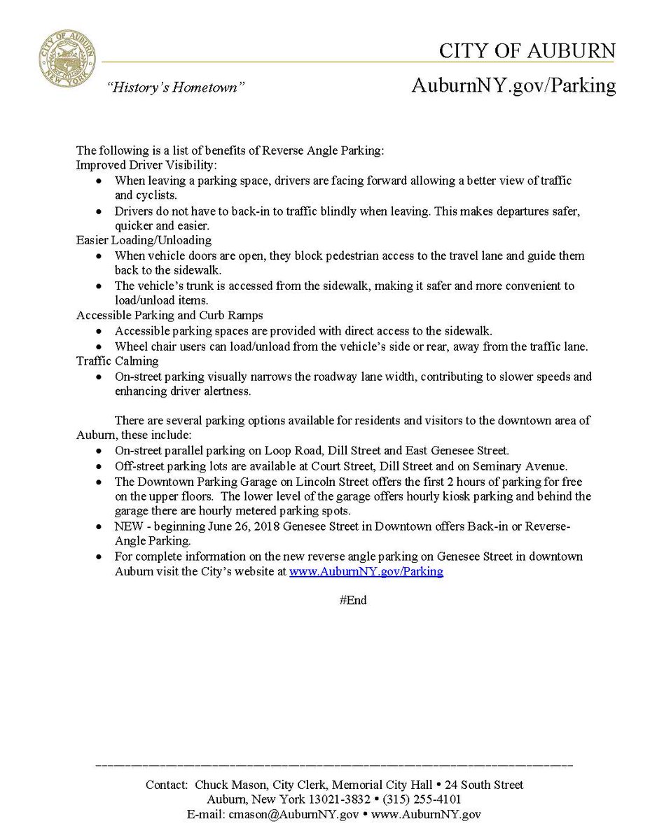 AuburnPolice's tweet photo. Reverse Angle Parking begins today, June 26th, for downtown Genesee St. Please see the attached bulletins for more info. https://t.co/4CleAJtdvX