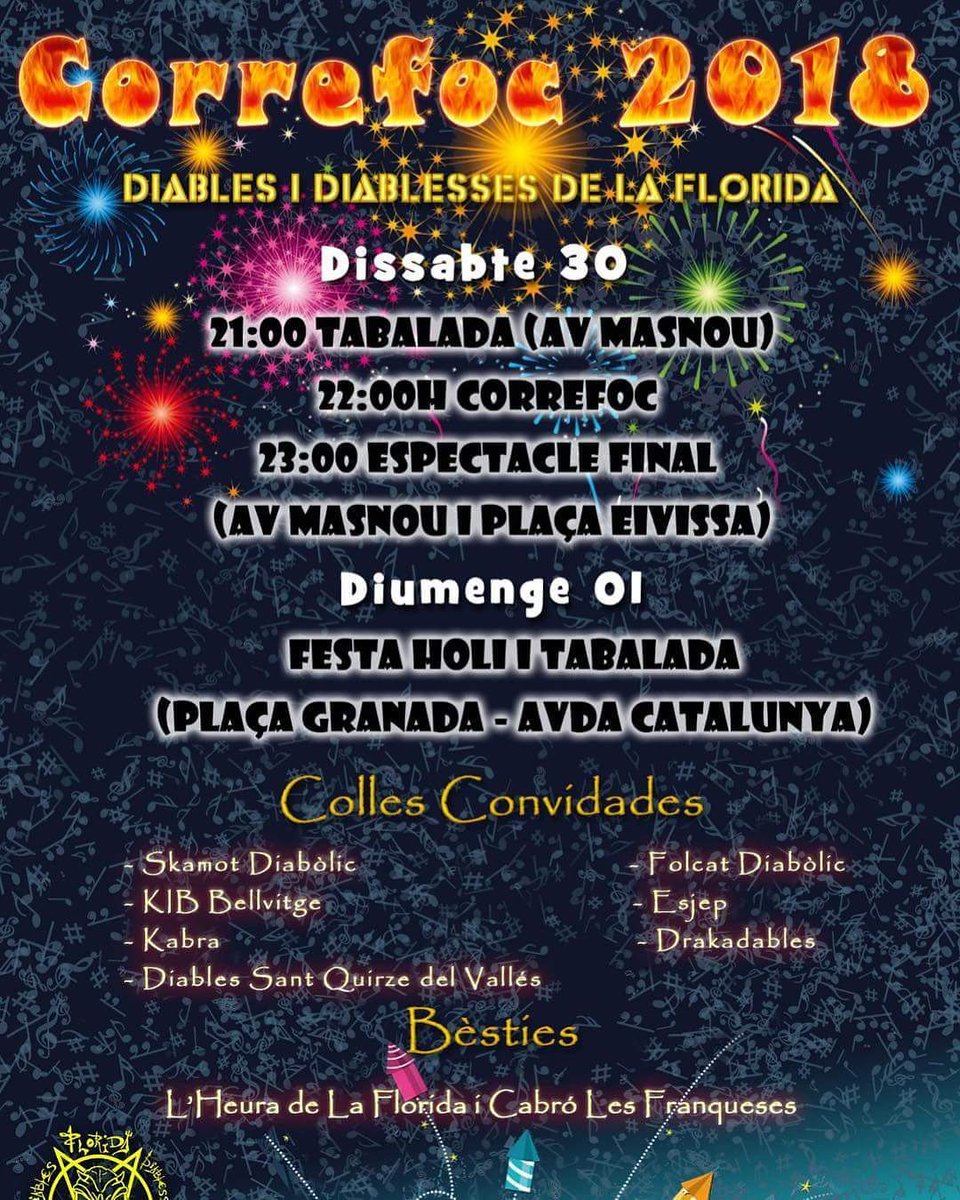 SkamotDiabolik's tweet photo. Peña!!! Aquest proper dissabte estarem acompanyant als nostres amics els Diables La Florida!!
Us esperem a les 21h!!!
Salut i foc!! 🔥🔥🔥💥💥💥🥁🥁
#diableslaflorida #skamotdiabolik #cultura #tradició #correfoc #tabalada #lh #hospitaletdellobregat #fmflorida https://t.co/eMEaBrD8vK