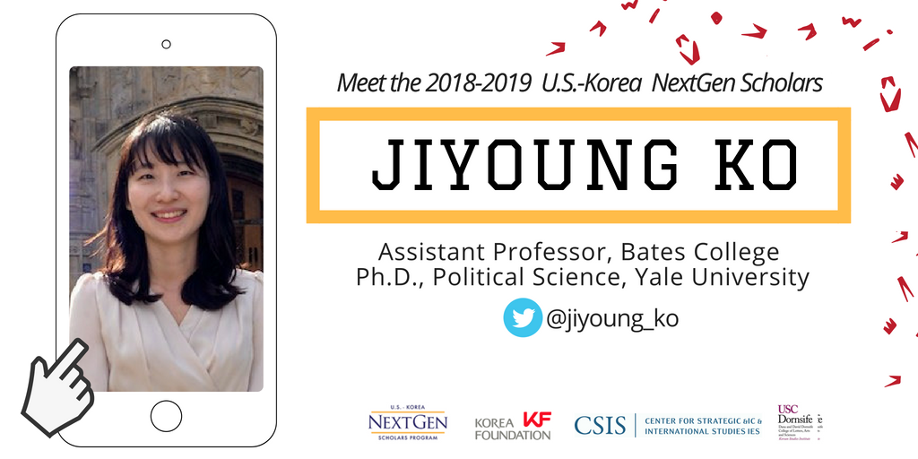 CSIS Korea Chair (@csiskoreachair) on Twitter photo Dr. Jiyoung Ko is an Assistant Professor of Politics at <a href="/BatesCollege/">Bates College</a>. Her work focuses on South Korea's nuclear forbearance and the credibility of U.S. extended deterrence, and the management of public opinion on asymmetric alliances. Learn more here: bit.ly/2yHpJYH Dr. Jiyoung Ko is an Assistant Professor of Politics at <a href="/BatesCollege/">Bates College</a>. Her work focuses on South Korea's nuclear forbearance and the credibility of U.S. extended deterrence, and the management of public opinion on asymmetric alliances. Learn more here: bit.ly/2yHpJYH