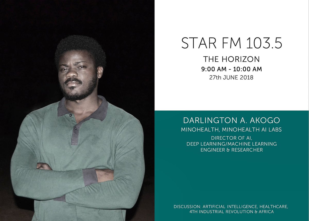 minoHealth's tweet photo. Our founder and Director of AI, @darlingtinho would be on Starr FM 103.5 tomorrow morning discussing Artificial Intelligence, minoHealth, MinoHealth AI Labs, Healthcare, 4th Industrial Revolution and Africa.
#ArtificialIntelligence #healthcare #DeepLearning #minohealth https://t.co/h9ZCDulRb7