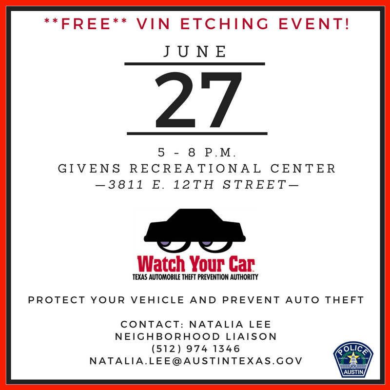 Austin_Police's tweet photo. We will be hosting a FREE VIN etching at the Givens Rec Center (3811 E 12th) tomorrow from 5-8 p.m. We will also have other community resources and vendors providing information. Come out and protect your car! #ATXFreeEvents #AustinPD #Safety https://t.co/Tru6RKxXYo