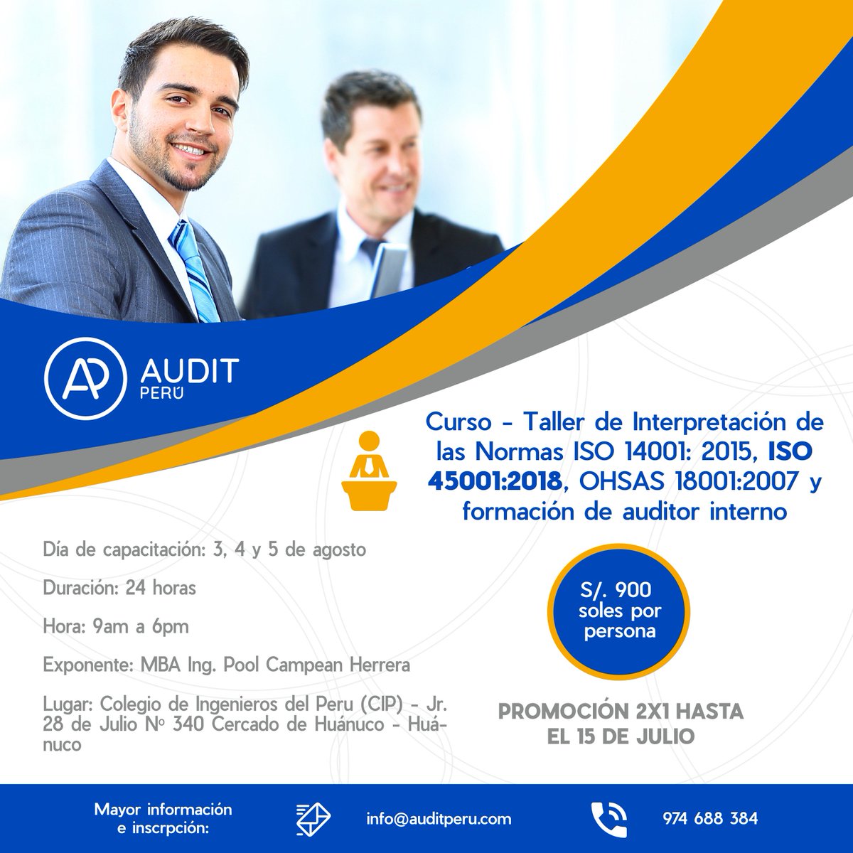 #AuditPerú presenta el Curso - Taller de Interpretación de las Normas ISO 14001:2015, ISO 45001:2018, OHSAS 18001:2007 y formación de auditor interno, que se dictará en la ciudad de Huánuco.

#ISO45001 #OHSAS18001 #ISO14001 #SistemaDeGestión #Consultoría #Auditorías #Capacitación