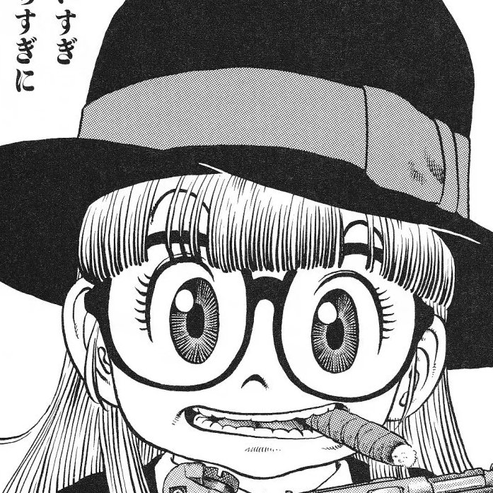 Now, look at how the eyes are framed: Pure black pupils  textured iris pure white highlight pure black glasses (BRILLIANT) detailed hair  pure black hat deceptively simple band with just a spot of hatching! Such a nice visual rhythm! #ToriyamaAkira  #Toriyama  #鳥山明