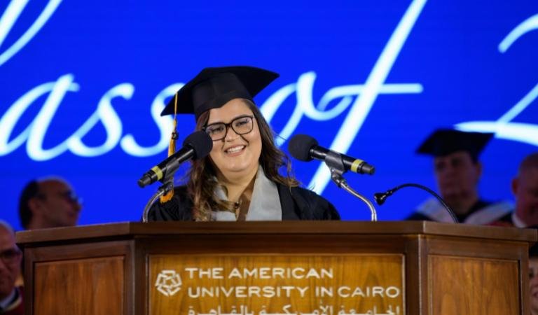 AUCJRMC's tweet photo. Congrats to @MariamAMazhar for representing the undergrads at #AUC2018. | @AUC Says Goodbye, Good Luck to Class of 2018 https://t.co/Rvi3HpFvZZ #JRMCsuccess https://t.co/9UZW1dFgIa