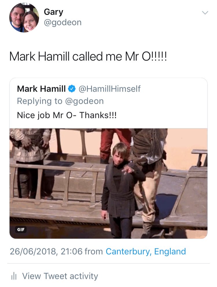 godeon's tweet photo. @ICT_MrP Hey! Came on your course on Monday and started tweeting people relevant to my Star Wars club that I run... got a reply from Mark Hamill! Thanks so much for an inspiring day! Canโt wait to share with the children #MrProcks #starwarsforever https://t.co/FVRCHsrscn