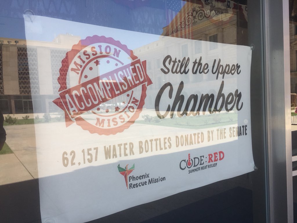 AZSenateGOP's tweet photo. The Senate celebrates after collecting more than 62,000 water bottles to be distributed to Phoenix homeless. The House of Representatives also contributed 50,000. https://t.co/m2TErfRfVx