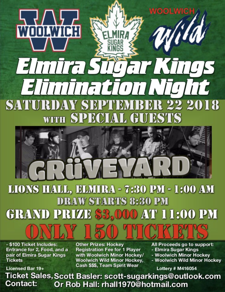 Mark your calendars and get your tickets before they’re gone, our 3rd annual elimination night is coming up on September 22nd. A great night, with great friends to raise money for hockey in Woolwich and maybe win some 💰💰.