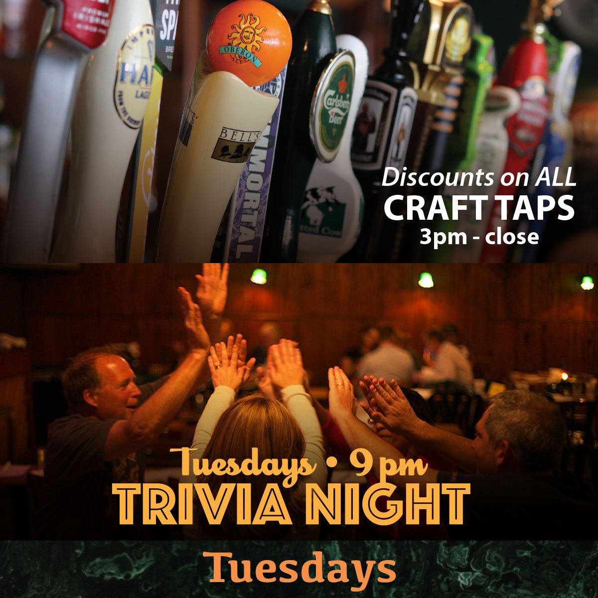 Tuesday: Craft Tap Discounts and Trivia Tonight!! Plus it's Happy Hour until 6 pm. You can't go wrong on a Tuesday! #countyclareirishpub #countyclareinn #Wisconsin #Milwaukee #TuesdayTrivia #Tuesday