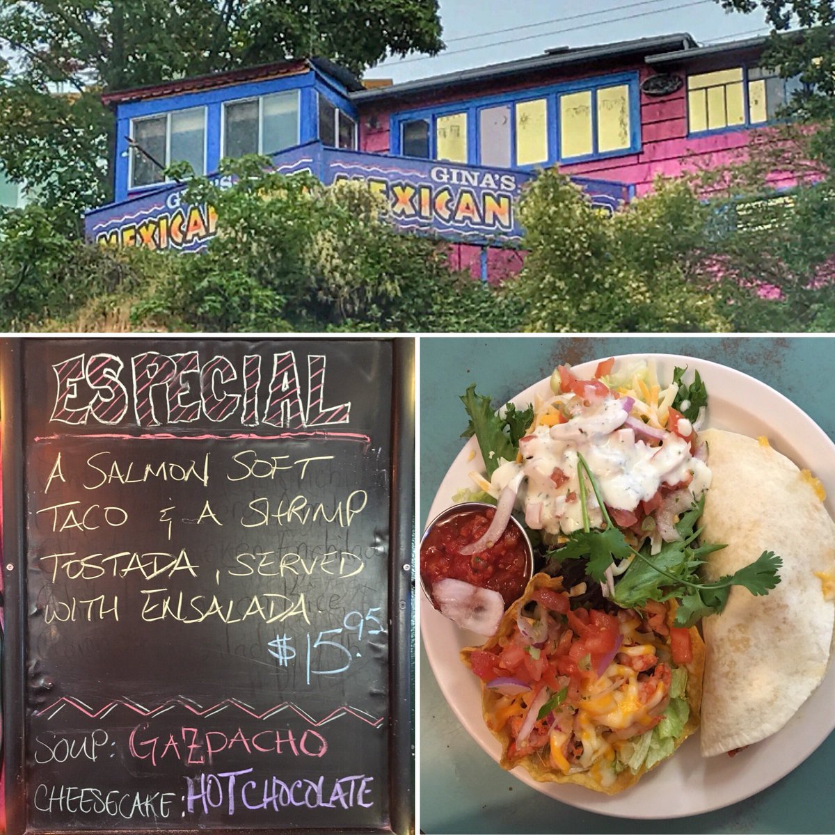 GinasMexican's tweet photo. Todayโs especial and the pink house in which it was prepared.
Locally caught Shrimp tostada, a locally fished salmon soft taco and ensalada. .
#Nanaimo #ginasmexicancafe #texmex #lunchspecial #localsalmon #localshrimp #locallysourced #localfisherman #locallycaught https://t.co/qo6JrWCLUi
