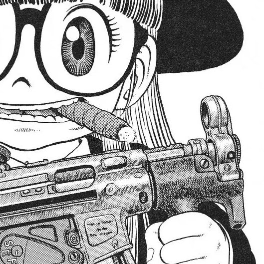 Look at the cigar as a design element! Its interstitial level of detail, and how it guides your gaze from the iconic eyes, down into the detailed gun! #鳥山明  #Drスランプ  #ToriyamaAkira