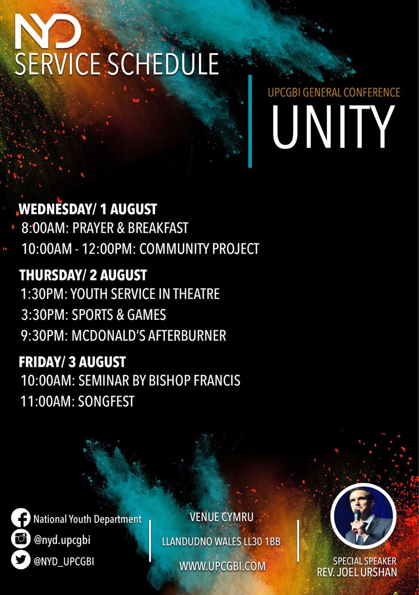 NYD_UPCGBI's tweet photo. General Conference: NYD Schedule is HERE. Brace yourselves! This is going to be a time for us all to connect, fellowship, serve, have a great time in the Lord, and GAIN Unity! See YOU soon. https://t.co/46xFWz25a1