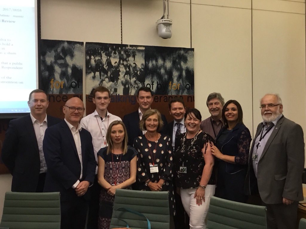 newryarmaghsf's tweet photo. Newry &amp; Armagh MP @MickeyBradySF  &amp; his @sinnfeinireland colleagues stand with the family of Pat Finucane tonight in Westminster.They have campaigned for justice for almost 30 years.Pats case is in the Supreme Court in London today and concludes tomorrow. https://t.co/LUCdj2Kn33