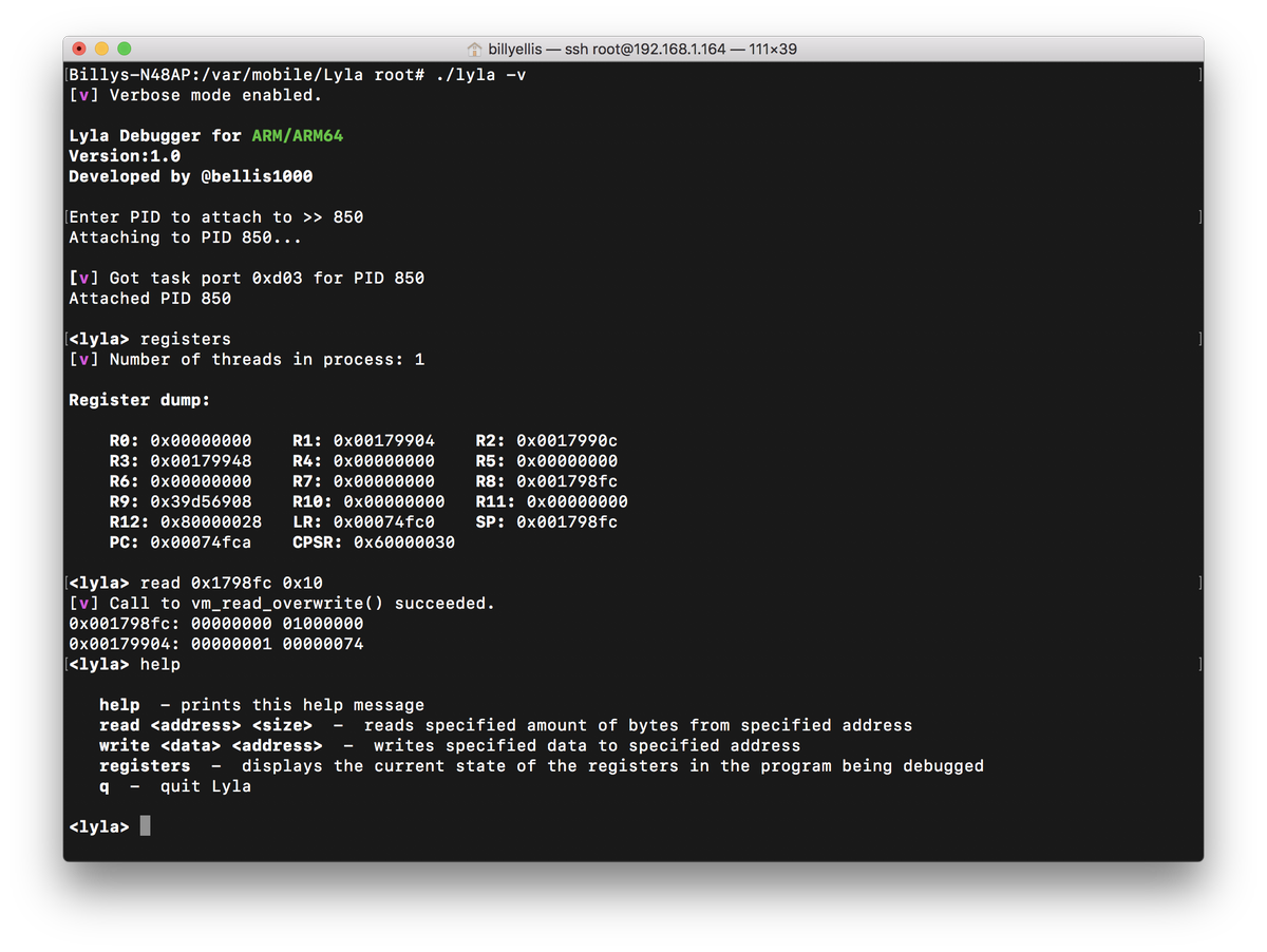 bellis1000's tweet image. Out of curiosity for how debuggers work, I began writing my own bare-bones ARM&ARM64 debugger for iOS. At the moment it has basic functionality, including attaching to processes, viewing register state, and reading and writing to memory!
