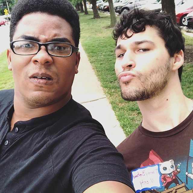 OzarkActorsThea's tweet photo. Dinner break? That means Flick + Monty Bonding Time! Aka Beauty & the Beast. Who is the beauty? Who is the beast? You decide. #oatviolet #ozarkactorstheatre #brosgotbrosback https://t.co/yPNgkFiR7H https://t.co/7SZtGpluYc
