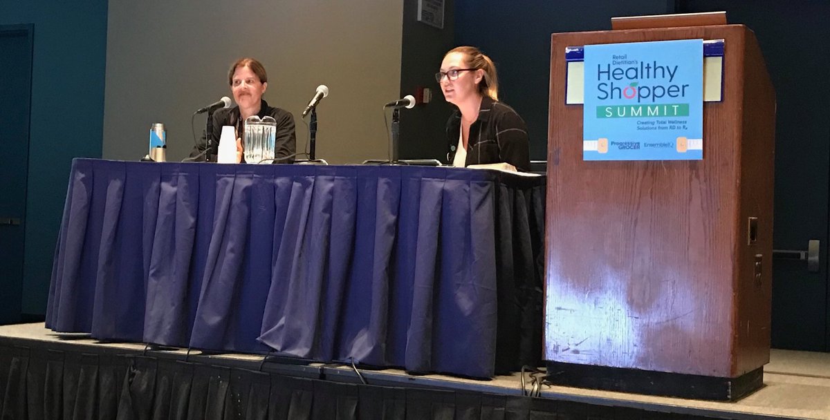 BGoldschmidtPG's tweet photo. Michele Simon (left) of ⁦⁦@GrowPlantBased⁩ and Angela Flatland of ⁦@EnsembleIQ⁩ engage in a Q&amp;A on the topic of helping consumers understand #plantbased foods at the #HealthyShopperSummit ⁦@pgrocer⁩ @grocergeek https://t.co/ZGdIX72ILq