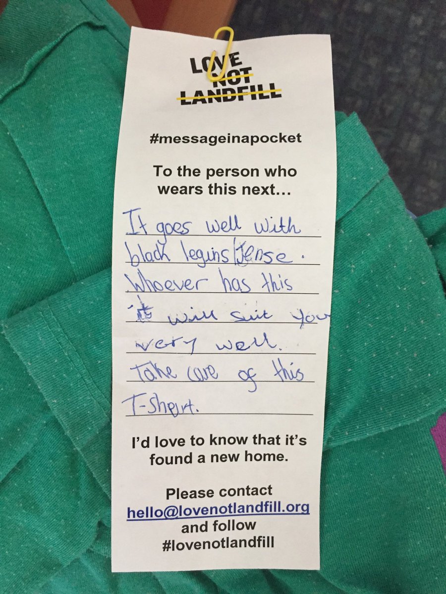LoveNotLandfill's tweet photo. Had the best morning with Y6 @ClairesCourtJG. This top is now its way across the world. Hope the next person who wears it finds the note and messages us with the #messageinapocket 💚. #lovenotlandfill #sustainablefashion https://t.co/8kx9CIrgK9